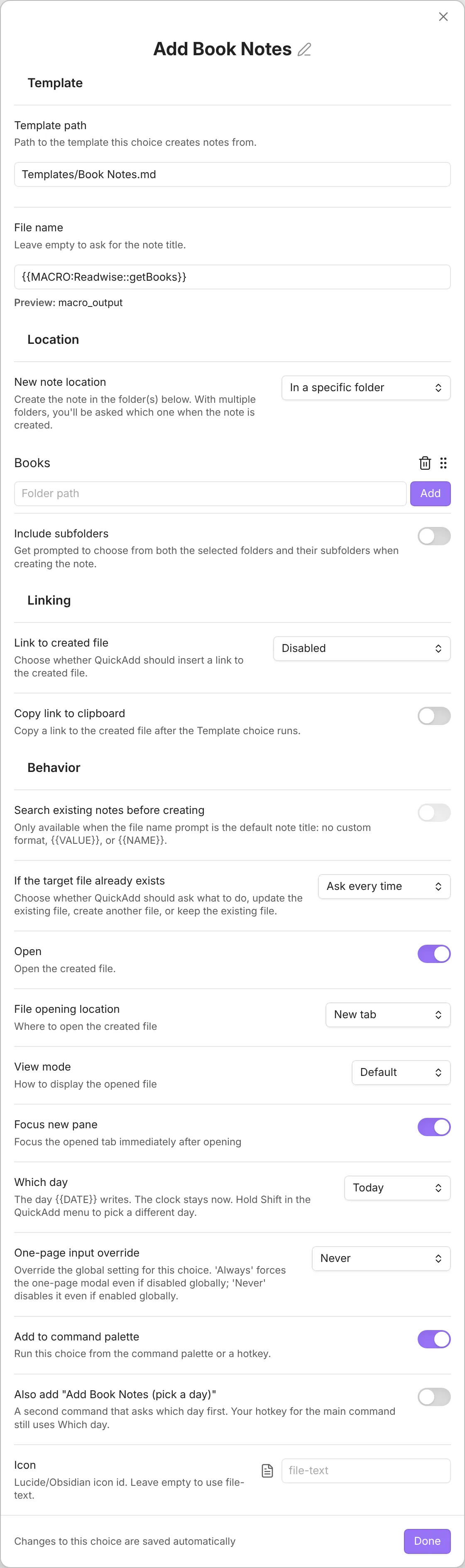 The Add Book Notes Template choice: template path Templates/Book Notes.md, file name {{MACRO:Readwise::getBooks}}, new notes in the Books folder, Open on in a new tab, and One-page input override set to Never